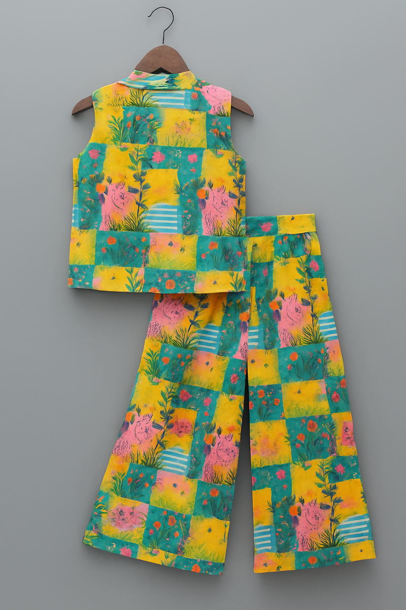 Kids Cat Print Cotton Co-ord Set – Sleeveless Collared Top & Matching Pants | Kevora Kidswear