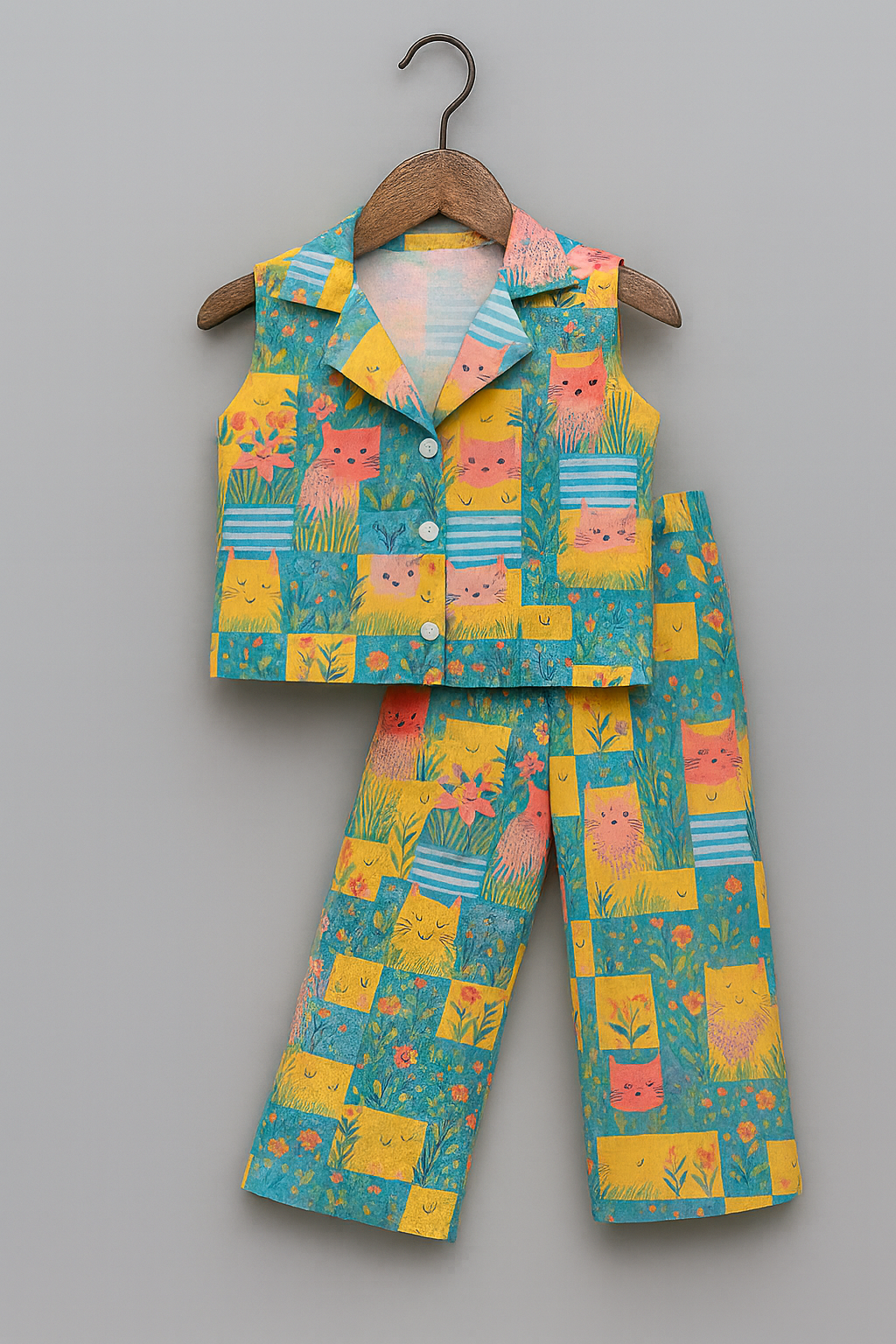 Kids Cat Print Cotton Co-ord Set – Sleeveless Collared Top & Matching Pants | Kevora Kidswear