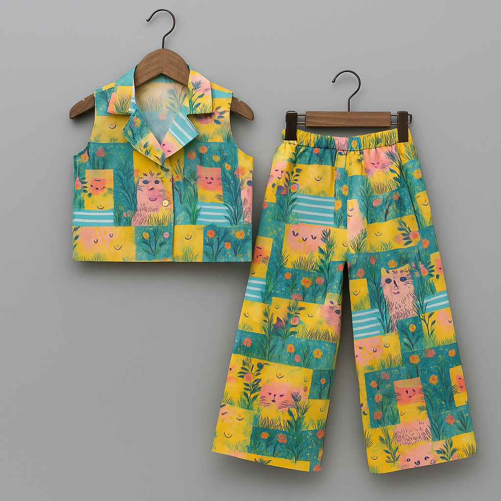 Kids Cat Print Cotton Co-ord Set – Sleeveless Collared Top & Matching Pants | Kevora Kidswear