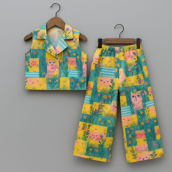 Kids Cat Print Cotton Co-ord Set – Sleeveless Collared Top & Matching Pants | Kevora Kidswear