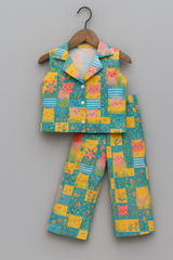 Kids Cat Print Cotton Co-ord Set – Sleeveless Collared Top & Matching Pants | Kevora Kidswear