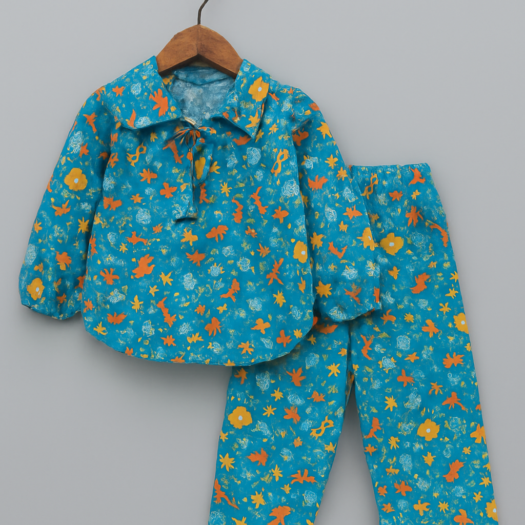 Girls Printed Cotton Co-ord Set – Long Sleeve Top with Tie Collar & Matching Pants | Kevora Kidswear