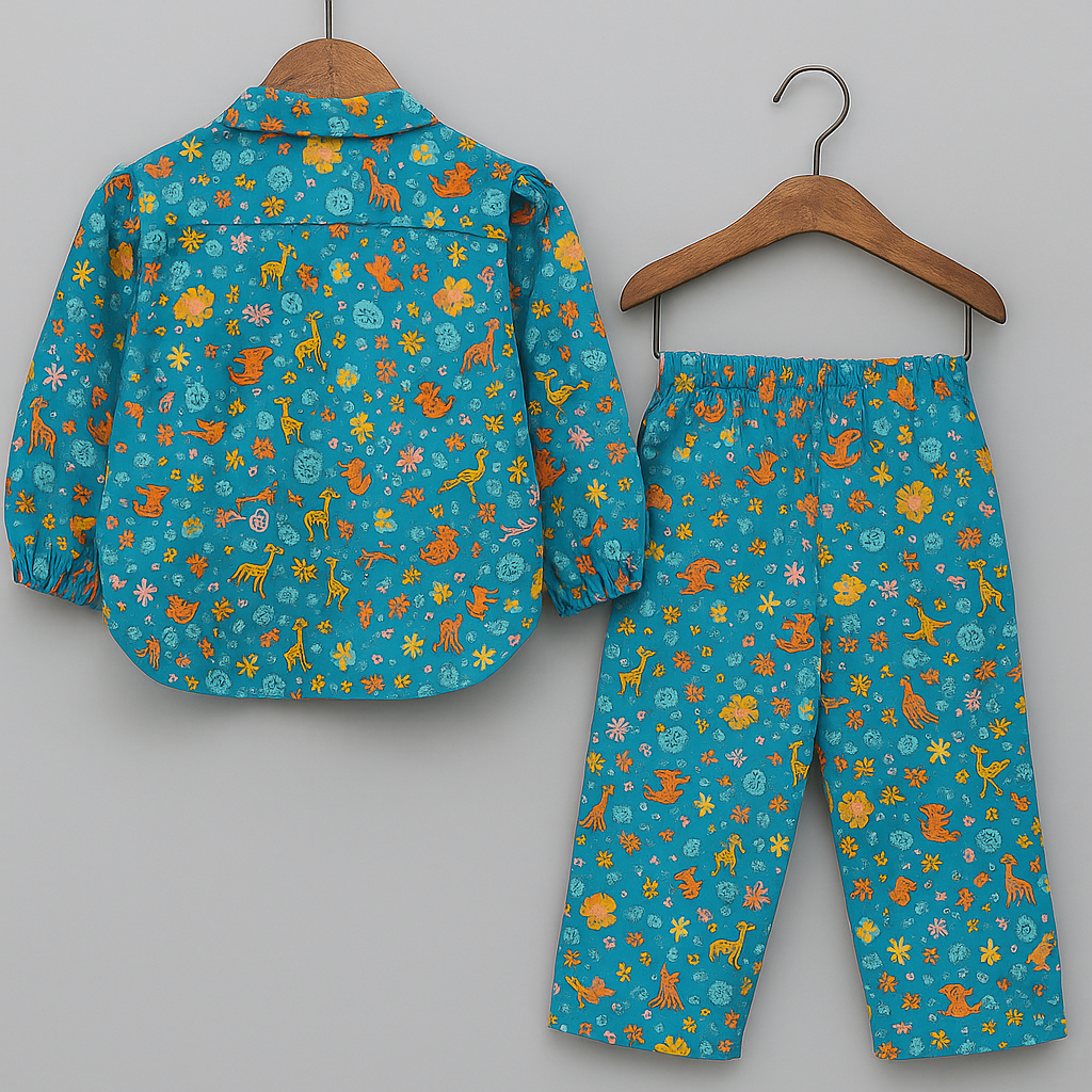 Girls Printed Cotton Co-ord Set – Long Sleeve Top with Tie Collar & Matching Pants | Kevora Kidswear