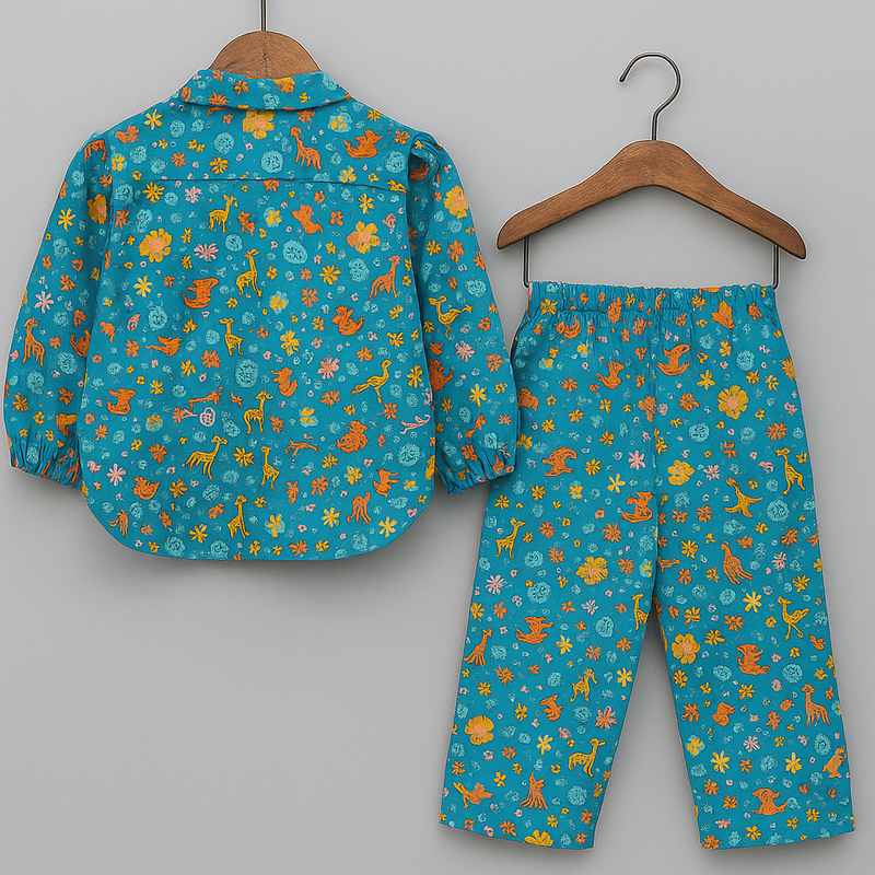 Girls Printed Cotton Co-ord Set – Long Sleeve Top with Tie Collar & Matching Pants | Kevora Kidswear