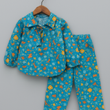 Girls Printed Cotton Co-ord Set – Long Sleeve Top with Tie Collar & Matching Pants | Kevora Kidswear