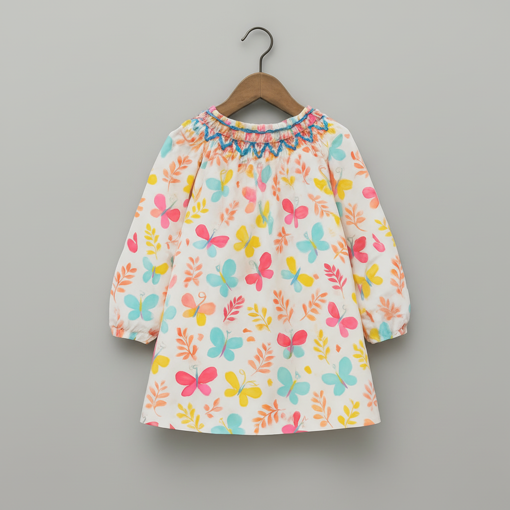 Girls Cotton Butterfly Print Dress with Handcrafted Thread Work Neck – Long Sleeve, Multicolor | Kevora Kidswear