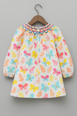 Girls Cotton Butterfly Print Dress with Handcrafted Thread Work Neck – Long Sleeve, Multicolor | Kevora Kidswear