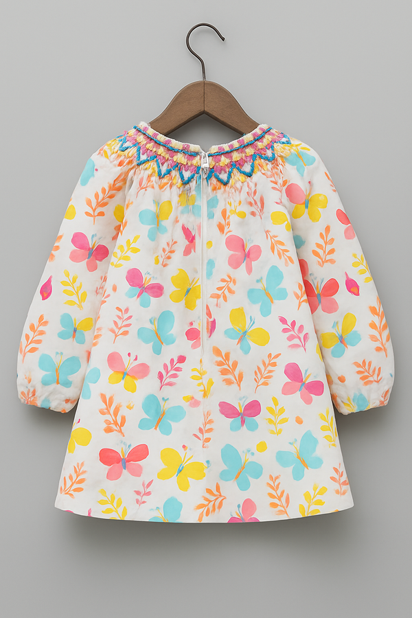 Girls Cotton Butterfly Print Dress with Handcrafted Thread Work Neck – Long Sleeve, Multicolor | Kevora Kidswear