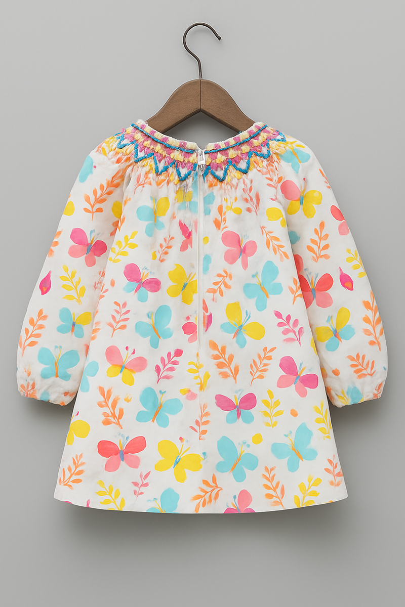 Girls Cotton Butterfly Print Dress with Handcrafted Thread Work Neck – Long Sleeve, Multicolor | Kevora Kidswear