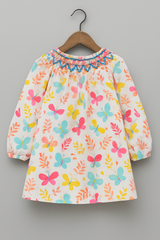 Girls Cotton Butterfly Print Dress with Handcrafted Thread Work Neck – Long Sleeve, Multicolor | Kevora Kidswear