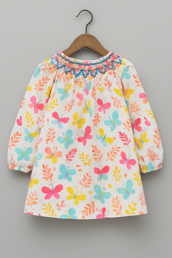 Girls Cotton Butterfly Print Dress with Handcrafted Thread Work Neck – Long Sleeve, Multicolor | Kevora Kidswear