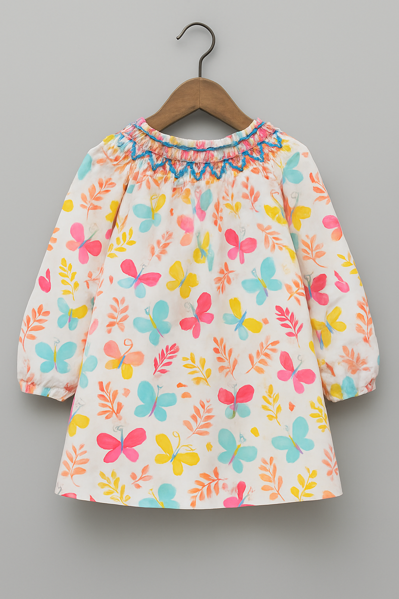 Girls Cotton Butterfly Print Dress with Handcrafted Thread Work Neck – Long Sleeve, Multicolor | Kevora Kidswear