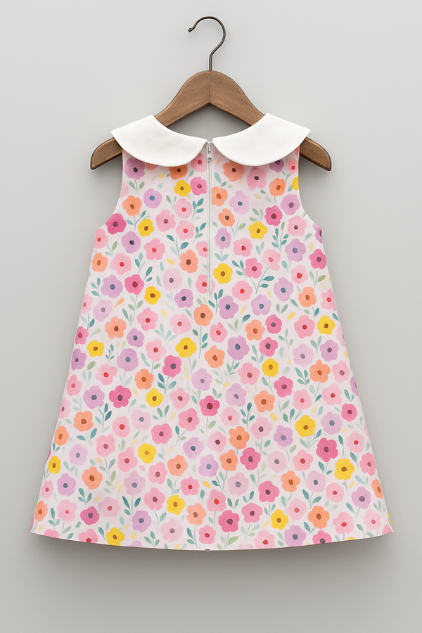 Girls Floral A-Line Cotton Dress with Embroidered Peter Pan Collar – Sleeveless, Summer Dress | Kevora Kidswear