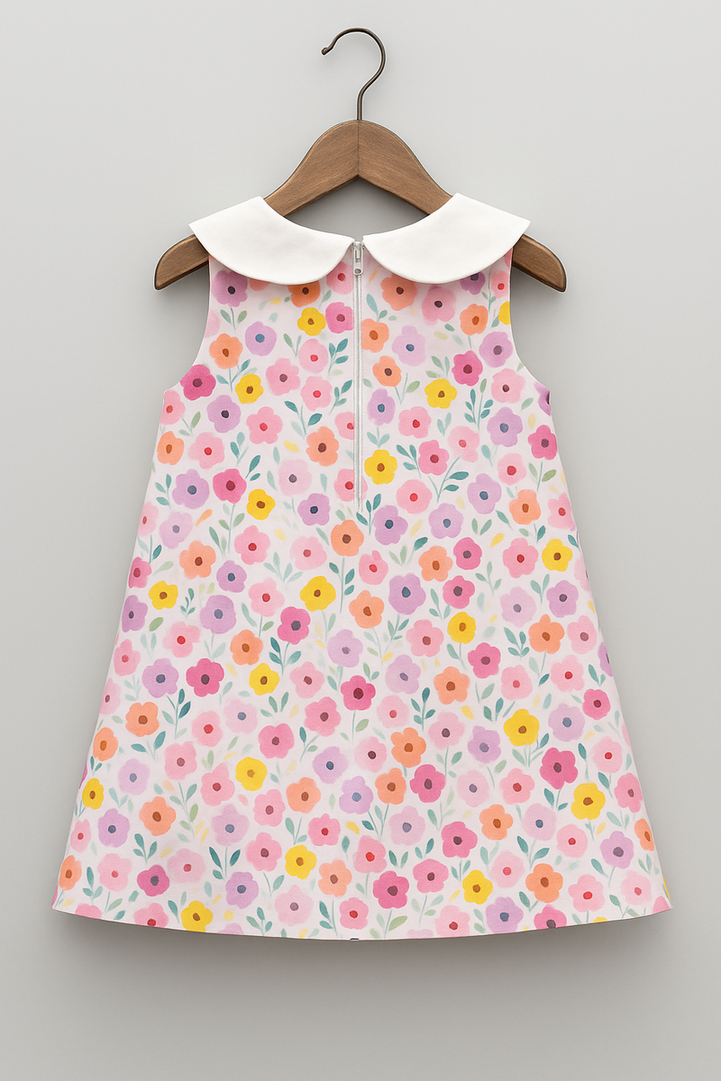 Girls Floral A-Line Cotton Dress with Embroidered Peter Pan Collar – Sleeveless, Summer Dress | Kevora Kidswear