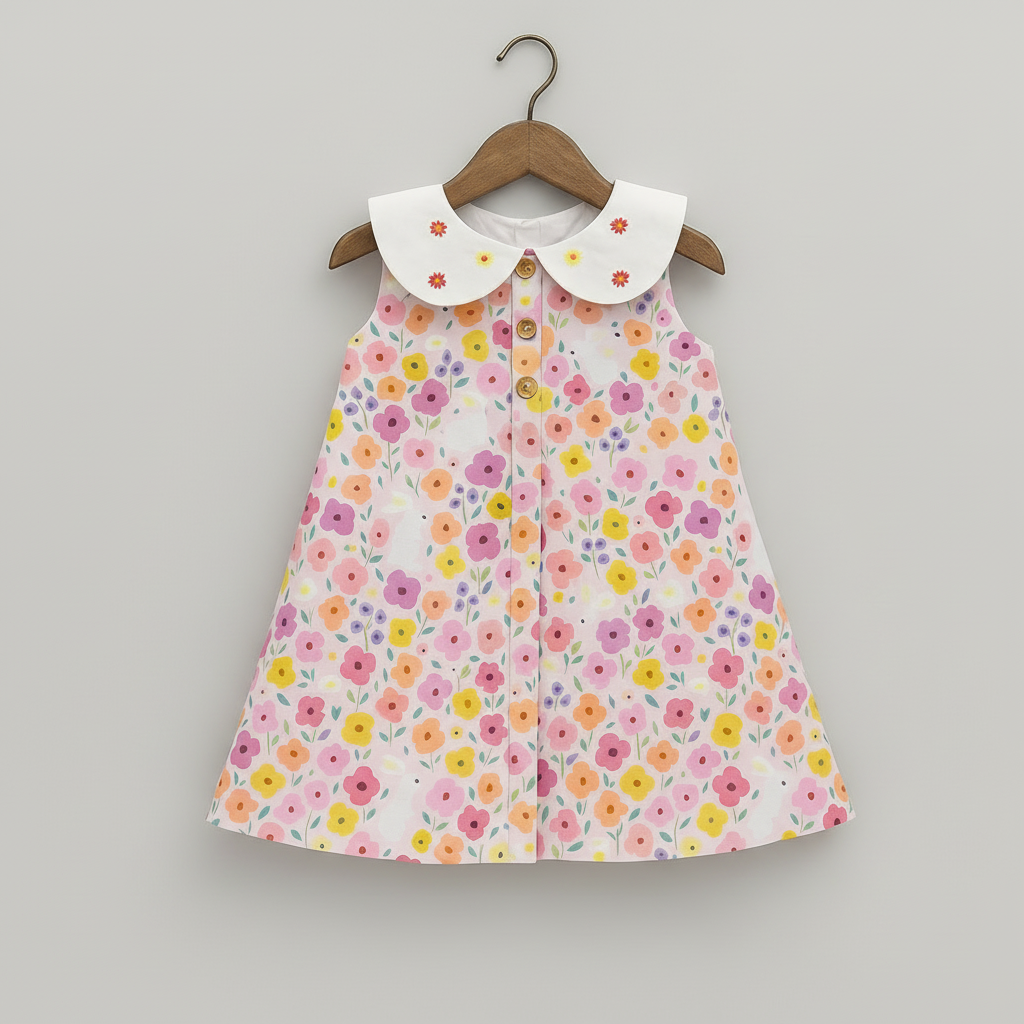 Girls Floral A-Line Cotton Dress with Embroidered Peter Pan Collar – Sleeveless, Summer Dress | Kevora Kidswear