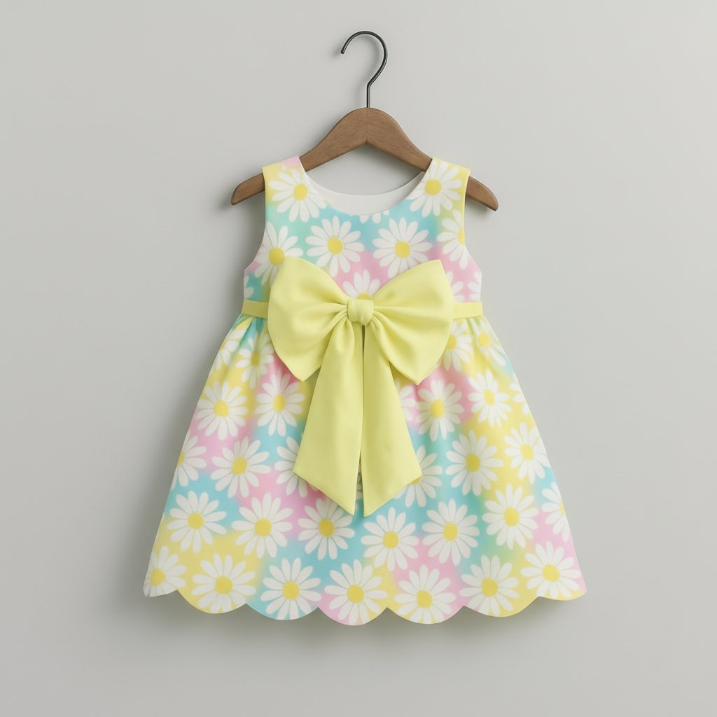 Girls Pastel Daisy Print Dress with Scalloped Hem & Statement Bow – Sleeveless Party Dress | Kevora Kidswear