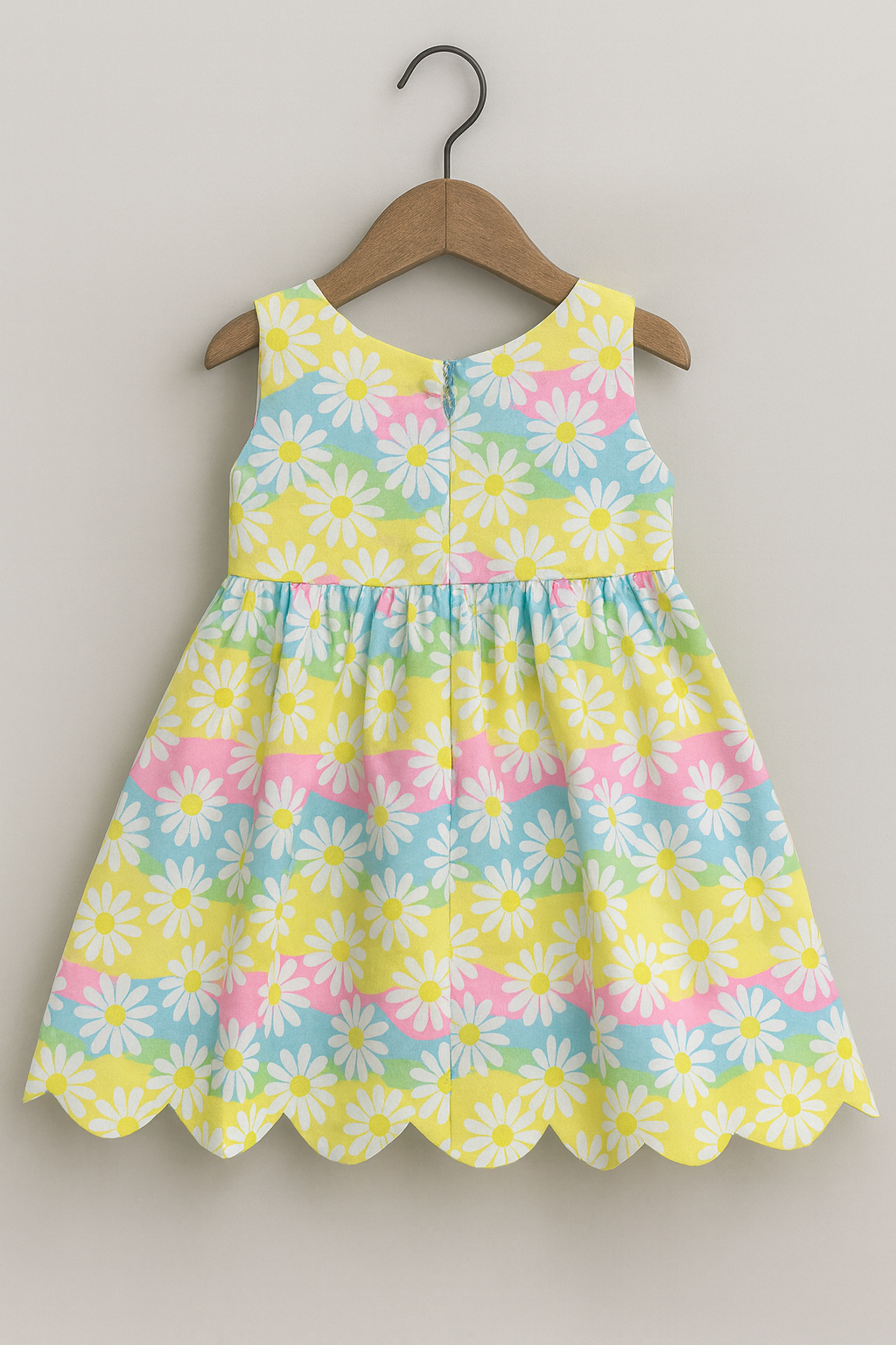 Girls Pastel Daisy Print Dress with Scalloped Hem & Statement Bow – Sleeveless Party Dress | Kevora Kidswear