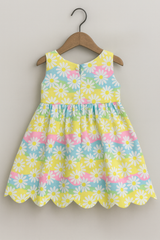 Girls Pastel Daisy Print Dress with Scalloped Hem & Statement Bow – Sleeveless Party Dress | Kevora Kidswear