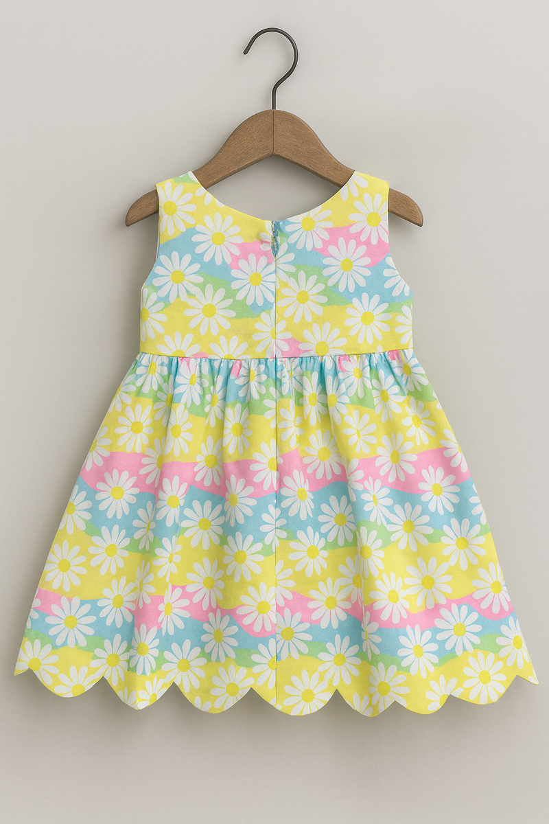Girls Pastel Daisy Print Dress with Scalloped Hem & Statement Bow – Sleeveless Party Dress | Kevora Kidswear
