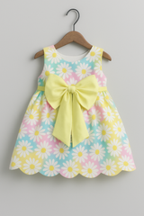 Girls Pastel Daisy Print Dress with Scalloped Hem & Statement Bow – Sleeveless Party Dress | Kevora Kidswear