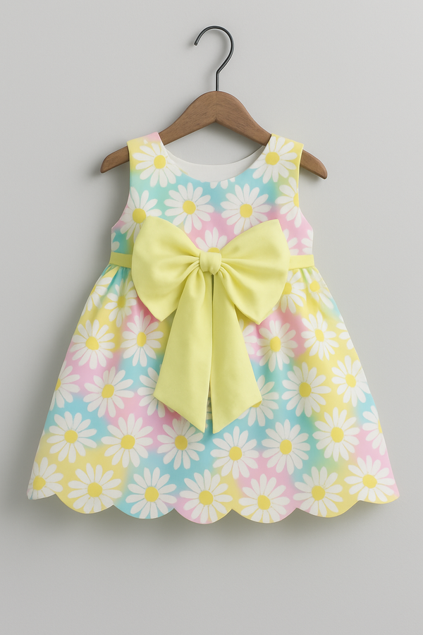Girls Pastel Daisy Print Dress with Scalloped Hem & Statement Bow – Sleeveless Party Dress | Kevora Kidswear