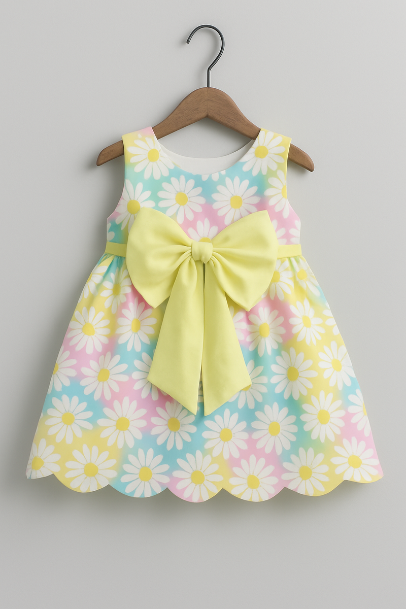Girls Pastel Daisy Print Dress with Scalloped Hem & Statement Bow – Sleeveless Party Dress | Kevora Kidswear