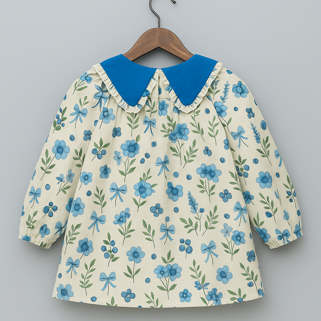 Girls Blue Floral Print Cotton Dress with Ruffled Contrast Collar – Long Sleeve | Kevora Kidswear