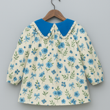 Girls Blue Floral Print Cotton Dress with Ruffled Contrast Collar – Long Sleeve | Kevora Kidswear