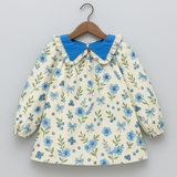Girls Blue Floral Print Cotton Dress with Ruffled Contrast Collar – Long Sleeve | Kevora Kidswear