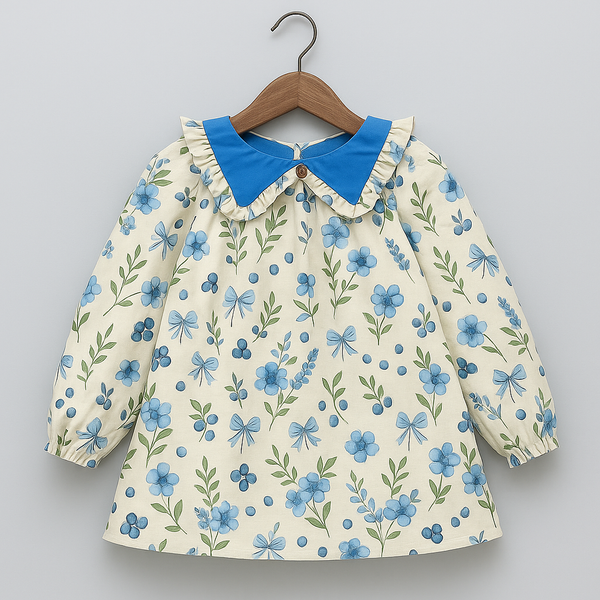 Girls Blue Floral Print Cotton Dress with Ruffled Contrast Collar – Long Sleeve | Kevora Kidswear