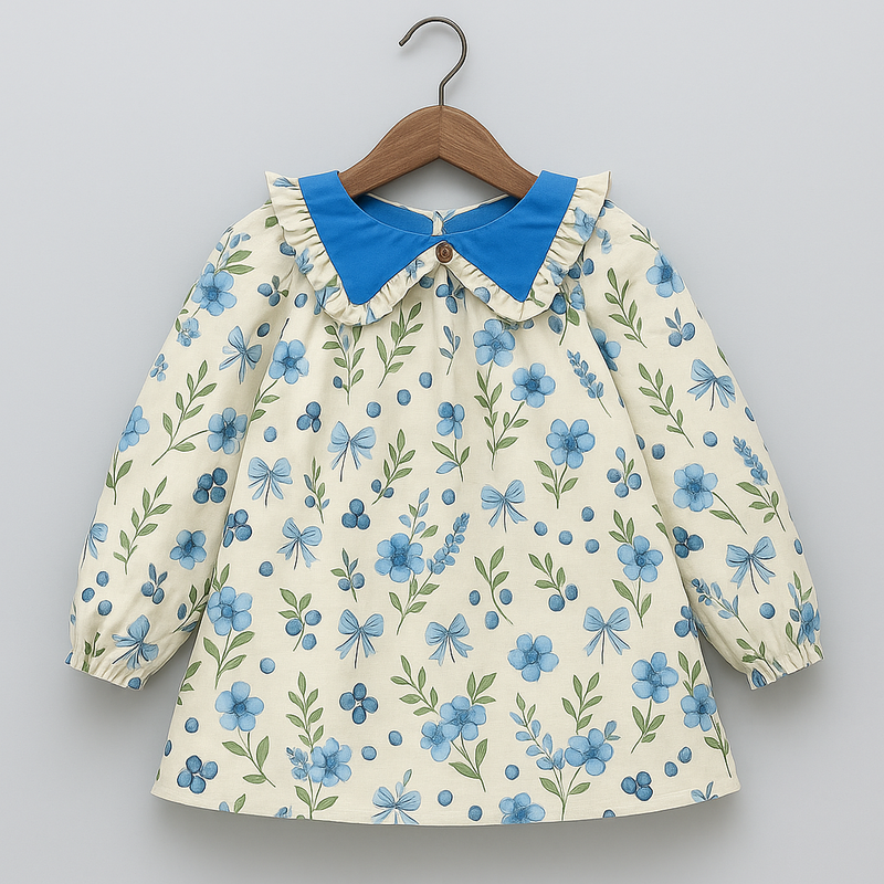 Girls Blue Floral Print Cotton Dress with Ruffled Contrast Collar – Long Sleeve | Kevora Kidswear