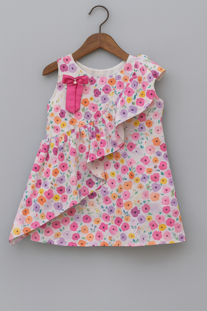 Girls Floral Asymmetrical Ruffle Dress with Statement Bow – Sleeveless Party Wear | Kevora Kidswear