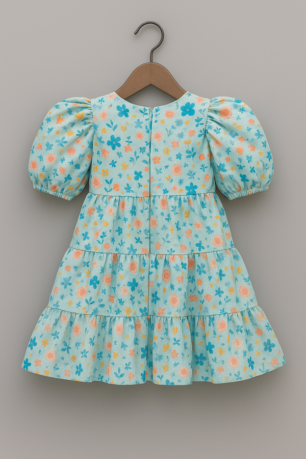 Girls Tiered Floral Cotton Dress with Puffed Sleeves & Statement Bow – Summer Party Wear | Kevora Kidswear