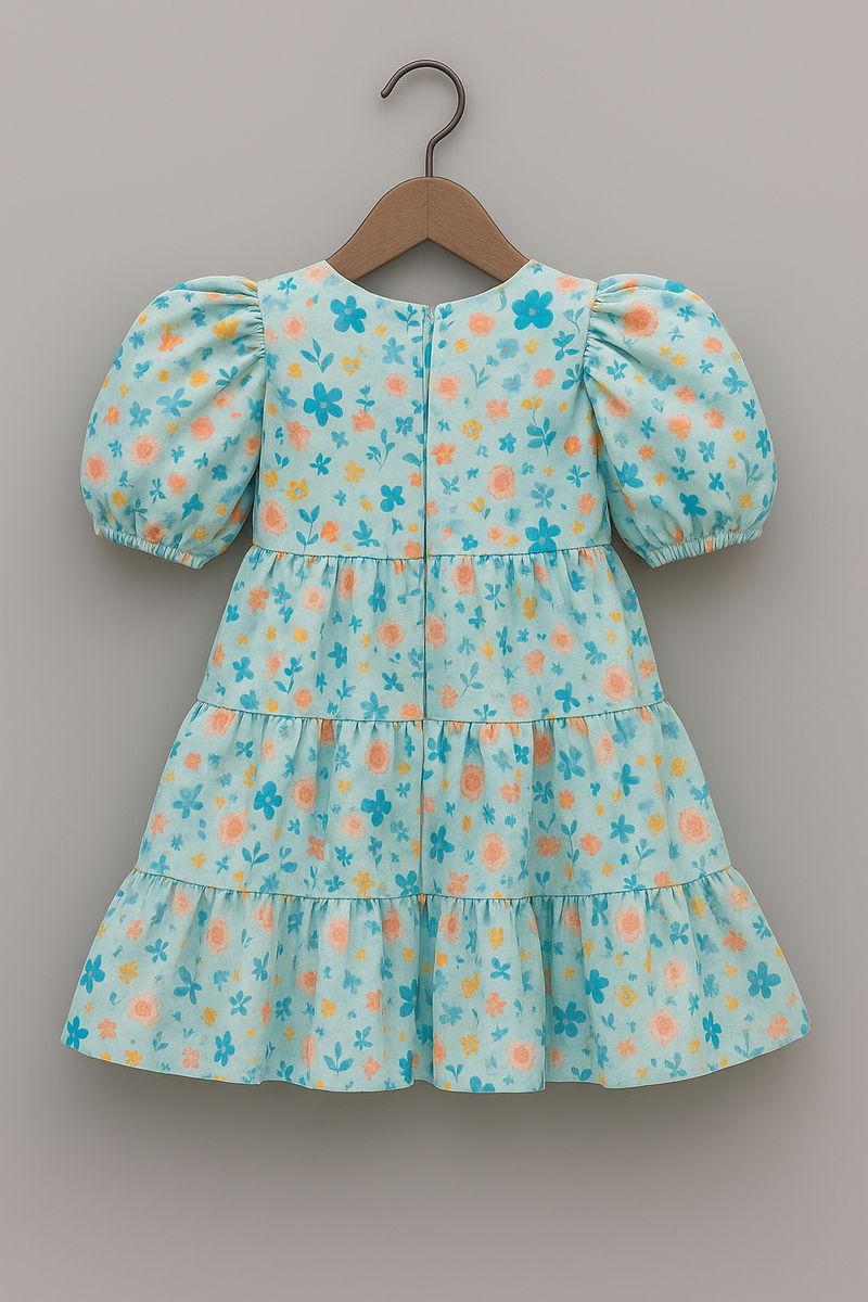 Girls Tiered Floral Cotton Dress with Puffed Sleeves & Statement Bow – Summer Party Wear | Kevora Kidswear