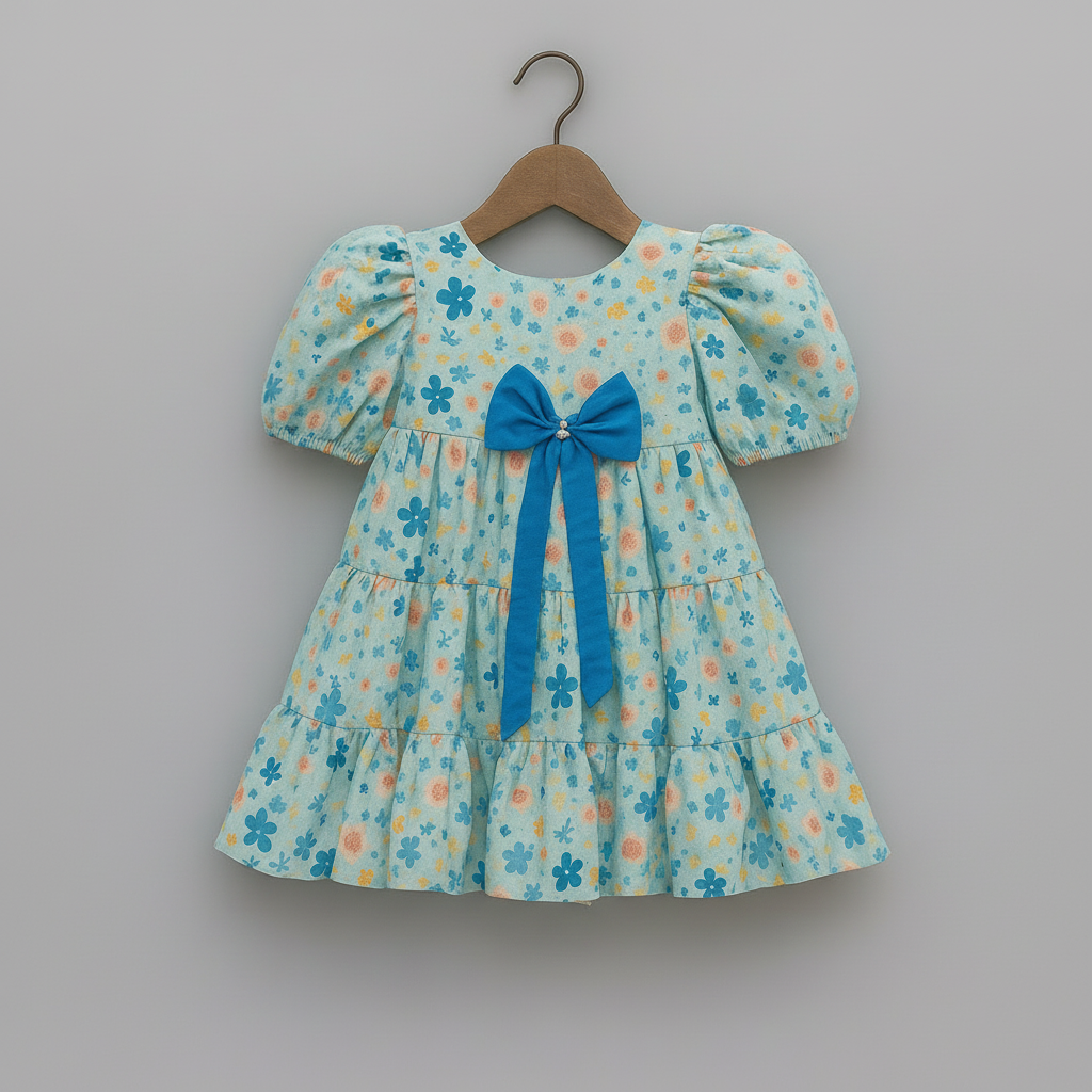 Girls Tiered Floral Cotton Dress with Puffed Sleeves & Statement Bow – Summer Party Wear | Kevora Kidswear