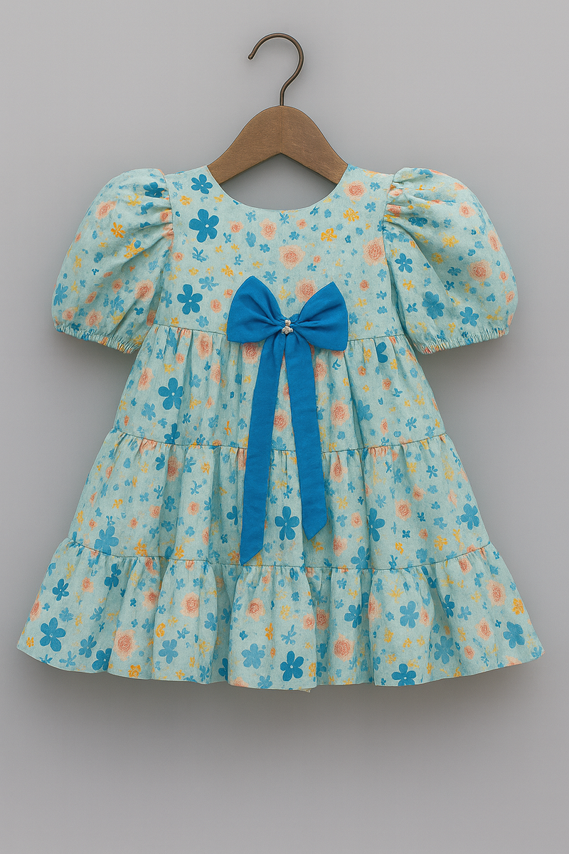 Girls Tiered Floral Cotton Dress with Puffed Sleeves & Statement Bow – Summer Party Wear | Kevora Kidswear