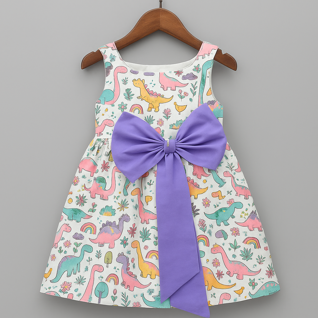 Girls Pastel Dinosaur Print Cotton Dress with Oversized Bow – Sleeveless Party Dress | Kevora Kidswear