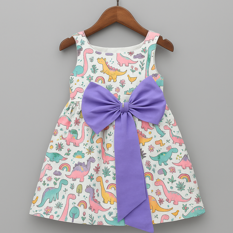 Girls Pastel Dinosaur Print Cotton Dress with Oversized Bow – Sleeveless Party Dress | Kevora Kidswear