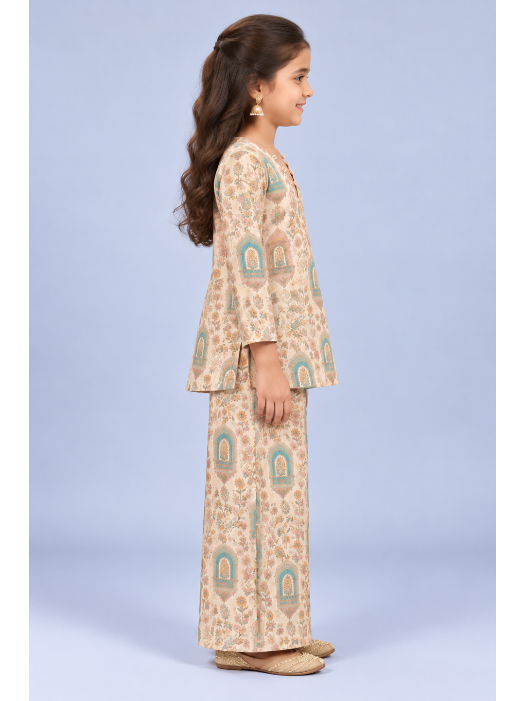 Kevora Apparels Girls’ Printed V-Neck Kurta with Wide-Leg Palazzo Set