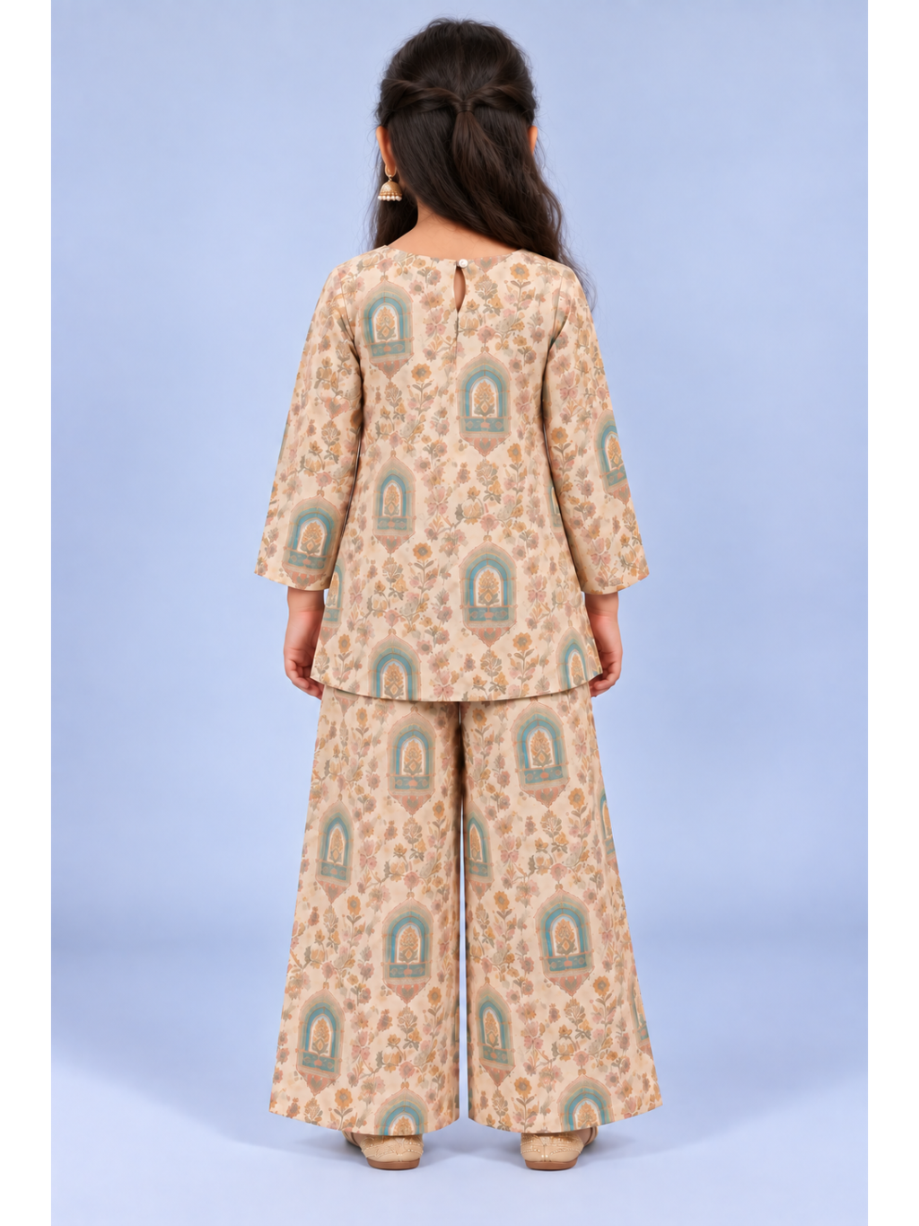 Kevora Apparels Girls’ Printed V-Neck Kurta with Wide-Leg Palazzo Set