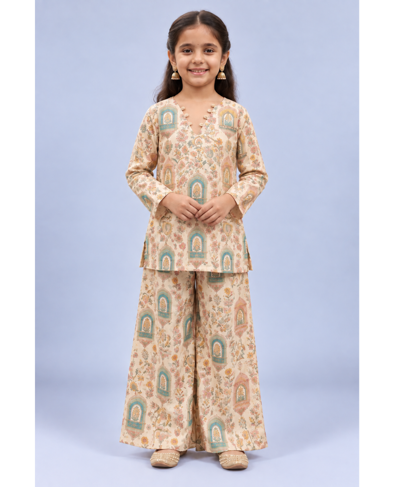 Kevora Apparels Girls’ Printed V-Neck Kurta with Wide-Leg Palazzo Set
