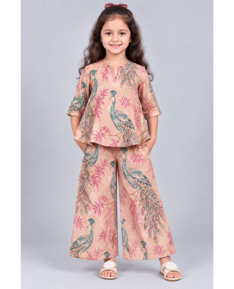 Kevora Apparels Girls’ Printed Peacock Motif V-Neck Flared Kurta with Wide-Leg Palazzo Set - Peach