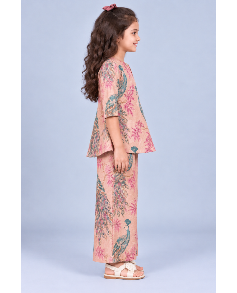 Kevora Apparels Girls’ Printed Peacock Motif V-Neck Flared Kurta with Wide-Leg Palazzo Set - Peach