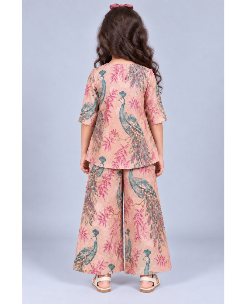 Kevora Apparels Girls’ Printed Peacock Motif V-Neck Flared Kurta with Wide-Leg Palazzo Set - Peach