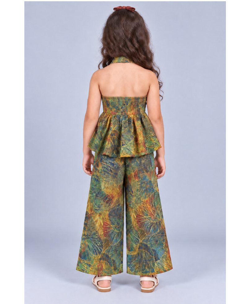 Kevora Apparels Girls’ Printed Halter Neck Peplum Top with Wide-Leg Palazzo Set - Multicolor