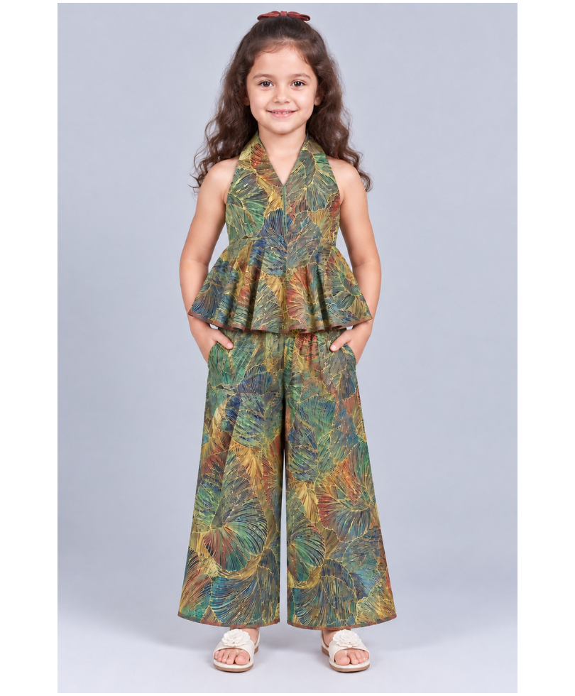 Kevora Apparels Girls’ Printed Halter Neck Peplum Top with Wide-Leg Palazzo Set - Multicolor