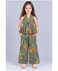 Kevora Apparels Girls’ Printed Halter Neck Peplum Top with Wide-Leg Palazzo Set - Multicolor
