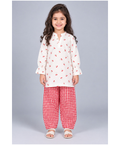 Kevora Apparels Girls’ Cherry Print Kurta with Gingham Wide-Leg Pants Co-Ord Set - White & Red