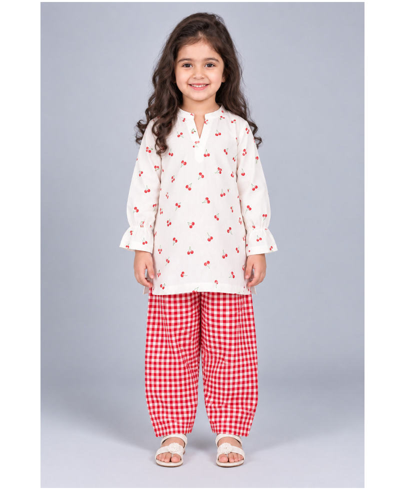 Kevora Apparels Girls’ Cherry Print Kurta with Gingham Wide-Leg Pants Co-Ord Set - White & Red