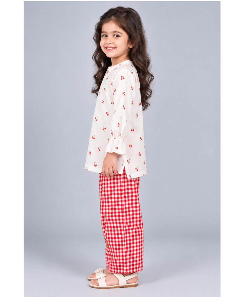 Kevora Apparels Girls’ Cherry Print Kurta with Gingham Wide-Leg Pants Co-Ord Set - White & Red